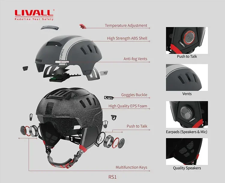 New arrivals LIVALL RS1ski helmet bluetooth intercom extreme sports bluetooth skiing helmet