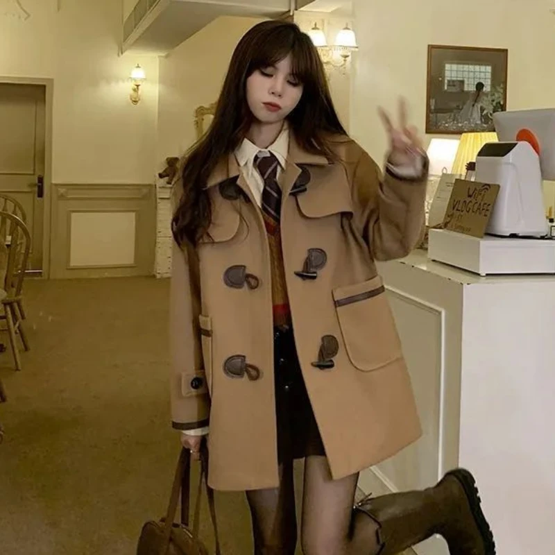 

Winter Women Preppy Style Mid-Length Horn Button Woolen Coat Female Korean Style Quilted Baggy Outwear Casual Fashion Outcoat