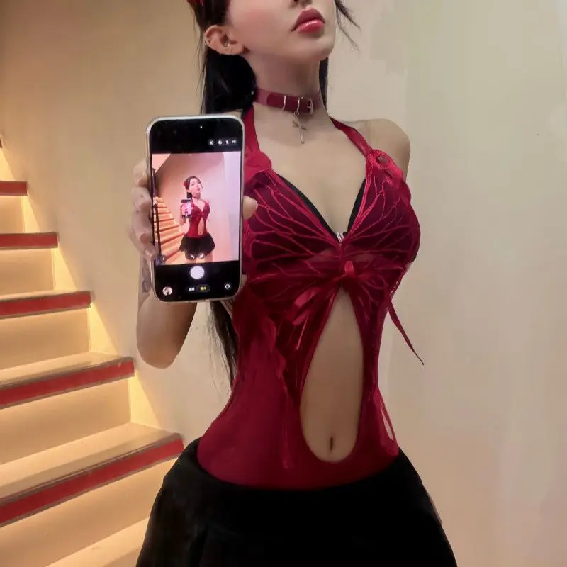

2026 Summer Butterfly Halter Mesh Bodysuit Women Deep V Neck Hollow Out Slim Sexy Inner Wear Fashion Club Party Streetwear Tops