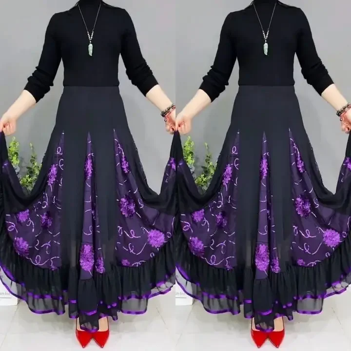 High waisted high-end fashion embroidered half length skirt with a drooping feeling, fluffy dance skirt, square social dance lar