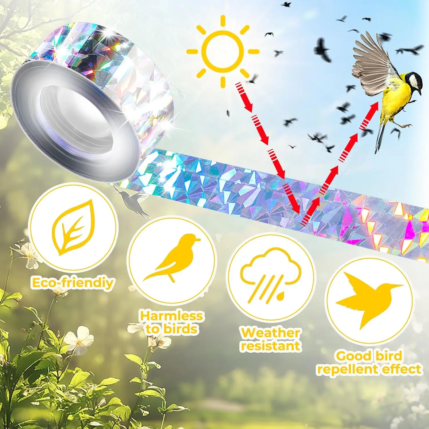 الطيور عاكس الشريط طارد الحمام بعيدا الشريط مكافحة الطيور الليزر فلاش الشريط مزدوج الوجهين حديقة بستان الطيور واقية تخويف الأشرطة