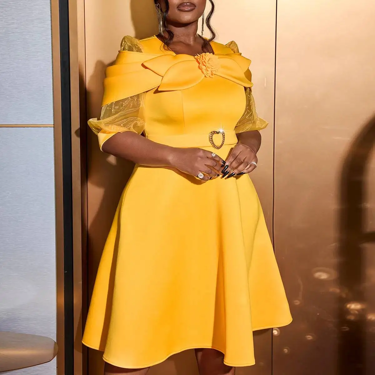 

Women's Size Am040726 Plus See Through Lantern Sleeves A-line Skirt Yellow Bow Party Dress Party Summer Elegantes Casual Y2k