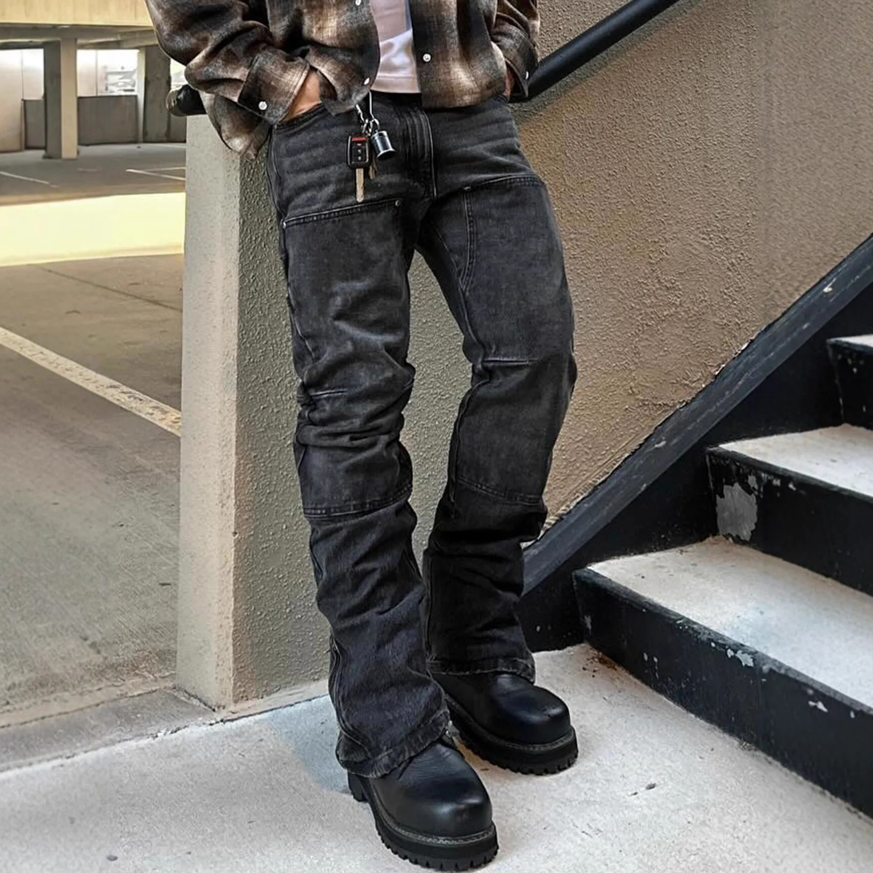 Men's High Street Black Slim Fit Stretch Jeans Autumn Vintage Solid Color Patchwork Fashion Casual Straight Denim Trousers