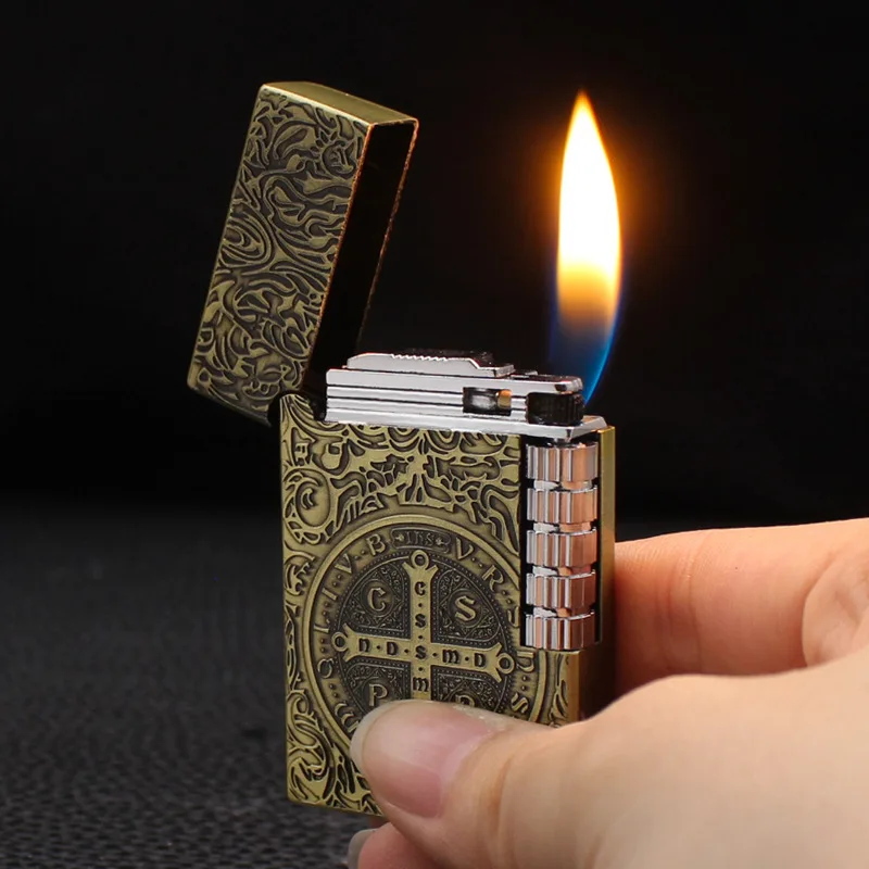 

Модная металлическая компактная надувная зажигалка с гравировкой, металлический шлифовальный круг, прикуриватель с открытым пламенем