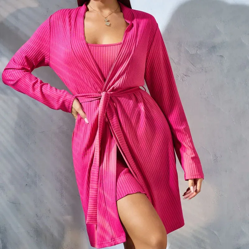 Solid Color Robe And Noghtgown Set 2pcs Pajama Set Long Sleeve Bathrobe With Belt V Neck Slip Dress Women's Sleepwear Loungewear