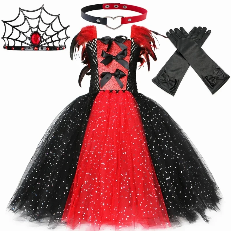 Sparkly Demon Vampire Queen Costume for Girls Spider Witch Halloween Long Tutu Dress Kids Carnival Outfit Gothic Feather Clothes
