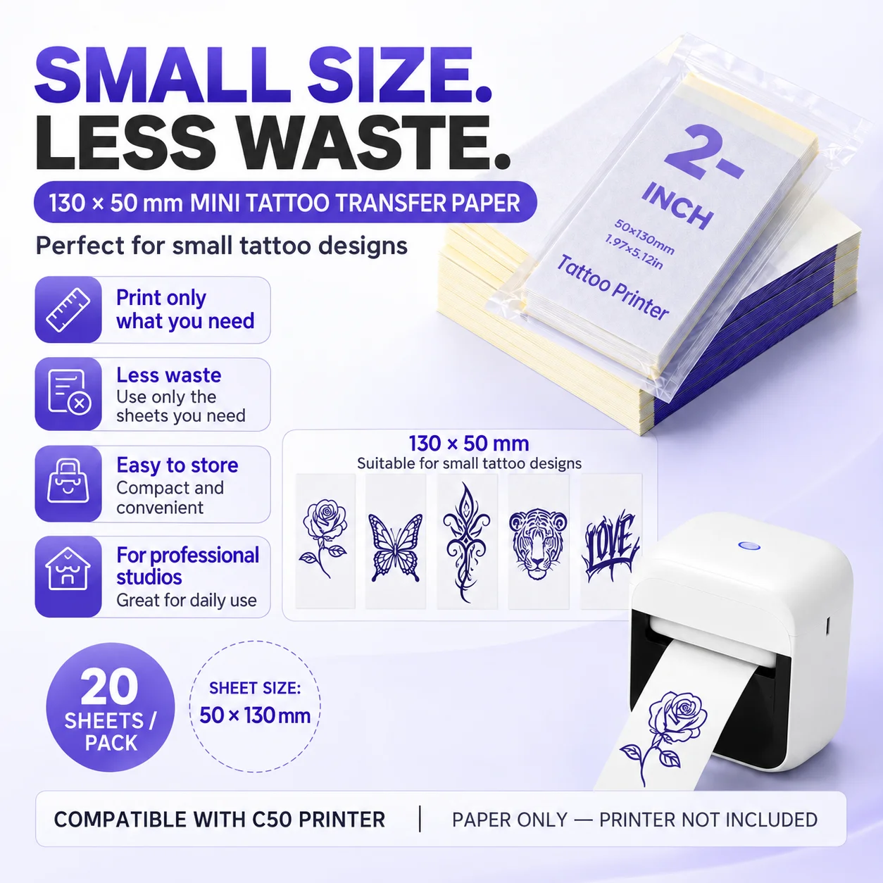 Thermal Tattoo Transfer Paper Film 50x130mm Sheet Compatible for Portable Mini Thermal Tattoo Printer Body Art Supply