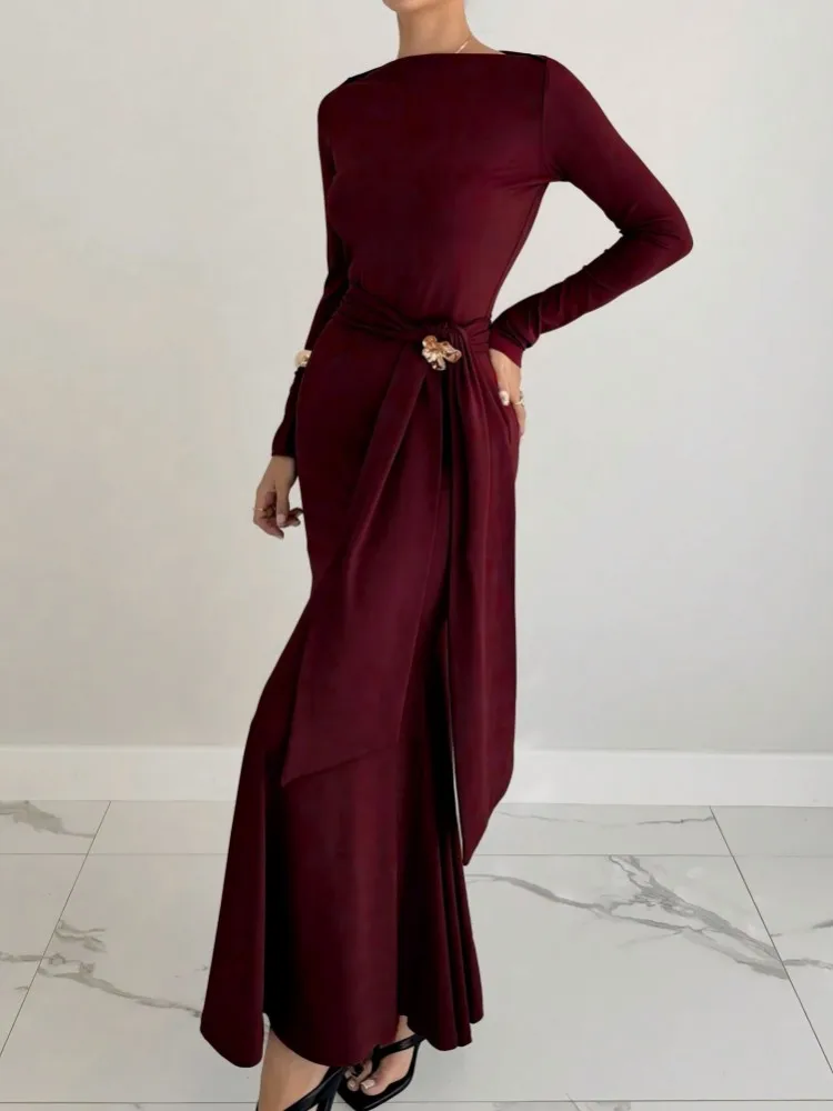 Sukienki damskie w stylu Y2K na wiosnę i jesień, seksowne sukienki bodycon w kolorze czerwonym do klubu, sukienki maxi z długim rękawem, jednolite sukienki na imprezę, do klubu, na wieczór, kolekcja 2026