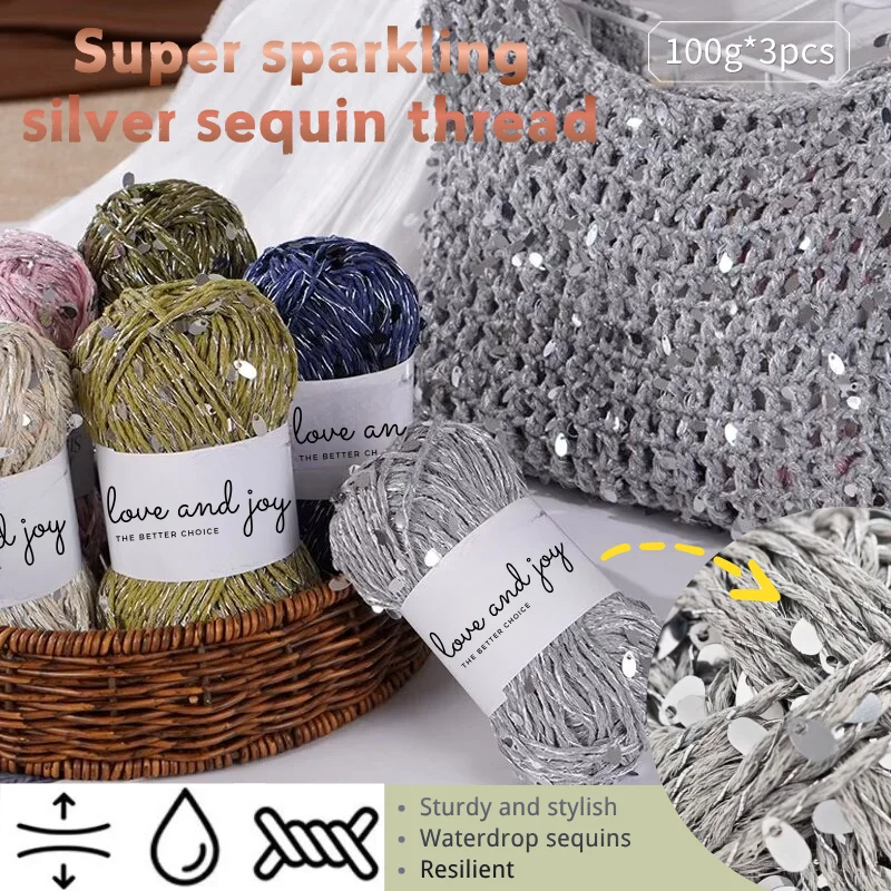 3pcs Sparkly Silver Thread Yarn, Great for Hand Knitting, Crocheting Hats and Bags, DIY Home Stuff, and Crafts