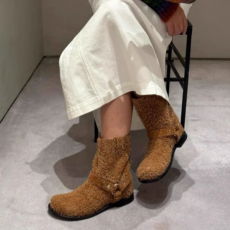 

Small and Unique Plush Boots Paired with Skirts, Western Cowboy Boots, Women's Flat Bottomed Round Toe Short Tube Boots