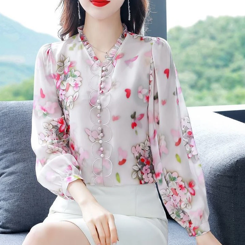 Elegant Floral Chiffon Button Blouse Women Clothing Spring New Long Sleeve Printing All-match Vintage Shirt Tops Casual Fashion