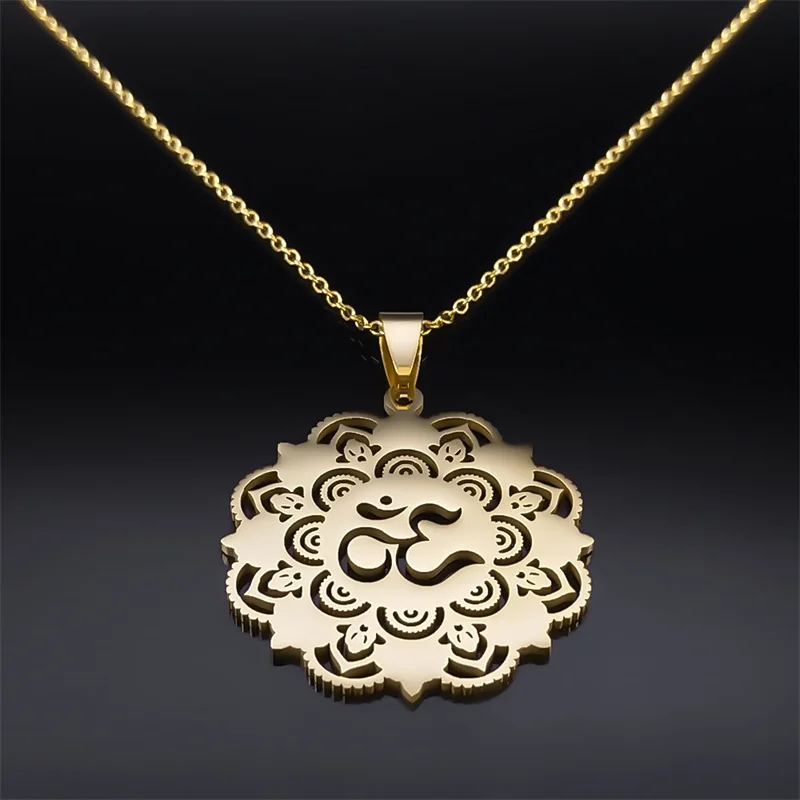 AUM OM Ohm flor budista hueco collar mujeres acero inoxidable chapado en oro geometría sagrada Mandala collares joyería N8082S04