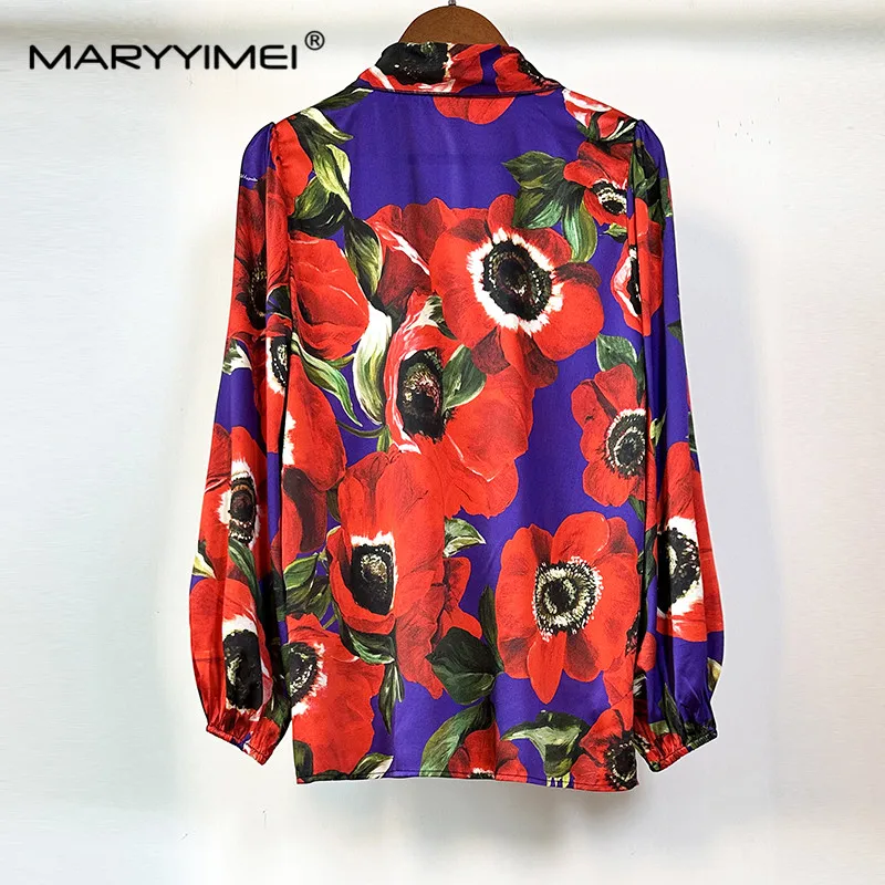 Imagem -04 - Maryyyimei-lenço de Seda Feminino Camisa de Manga Comprida Top Estampado Envoltório de Seda Meia Saia Lápis Quadril Gola Moda Conjunto de Peças