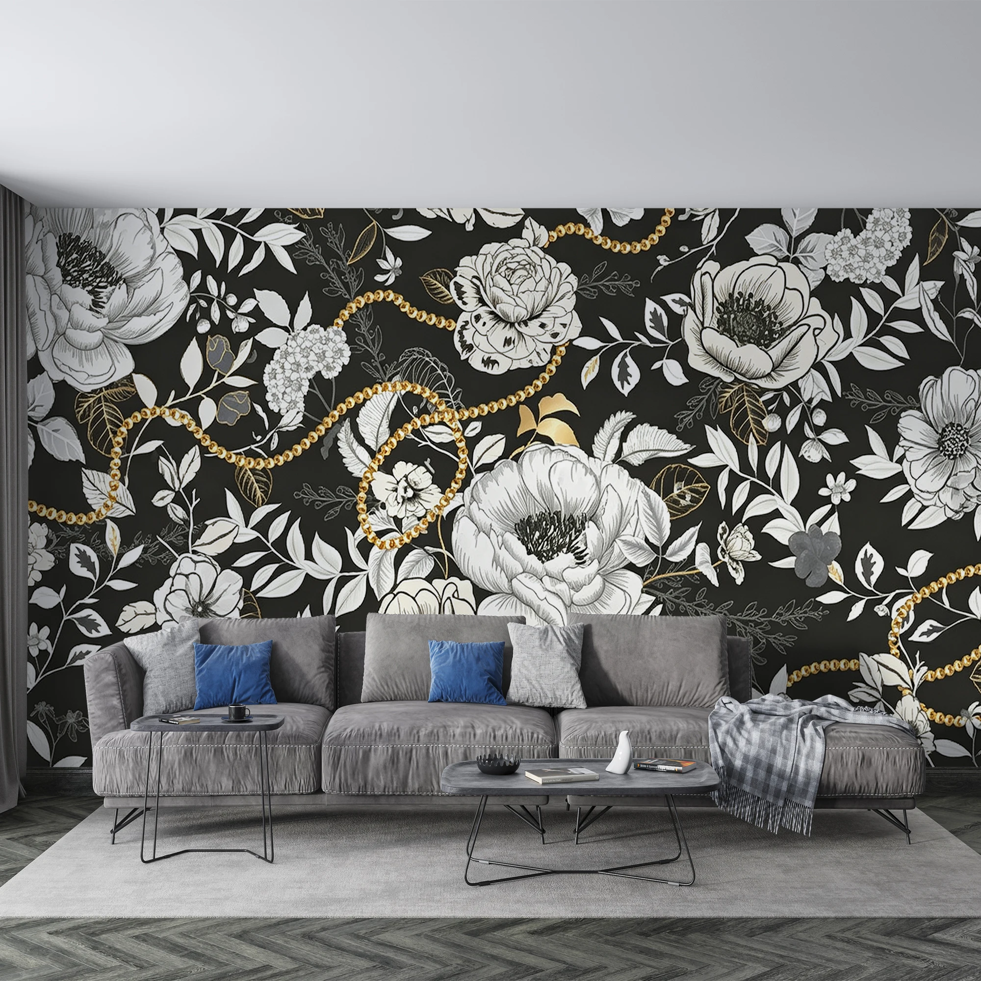 Custom 3D Mural Wallpaper Black Background White Peony Gold Chain  Wall Mural Vintage Floral For Living Room Bedroom Home Decor