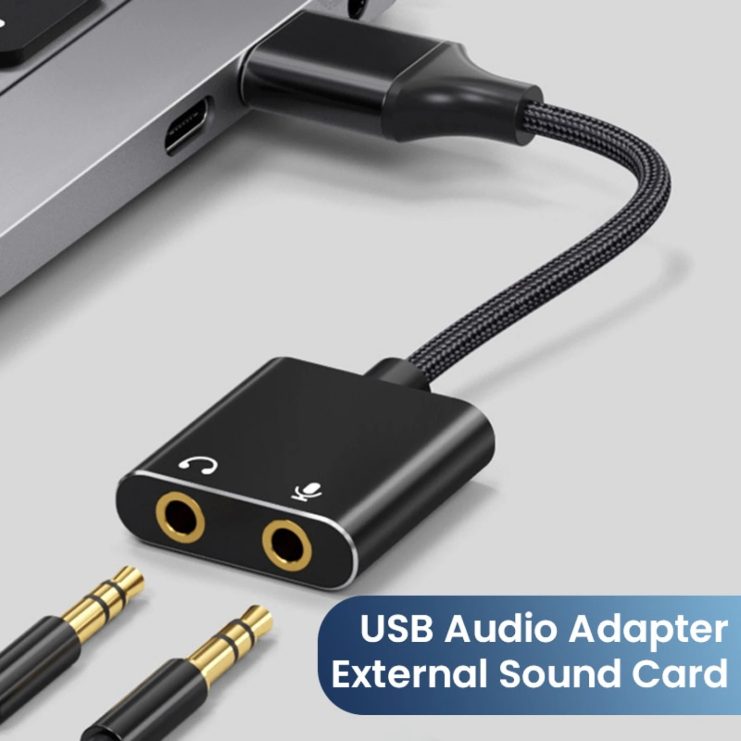 USB Sound Card Adapter with 3.5mm Headphone and Microphone Jack Braided Cable External USB Audio Adapter  Windows  Laptop