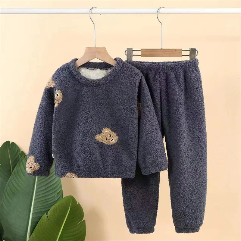Herbst Winter Pyjamas Sets Kinder Verdickter Anzug Jungen Warme Fleece 2-teiliger Anzug Mädchen Cartoon Kausalen Outfit Neue Rundhals Top hose