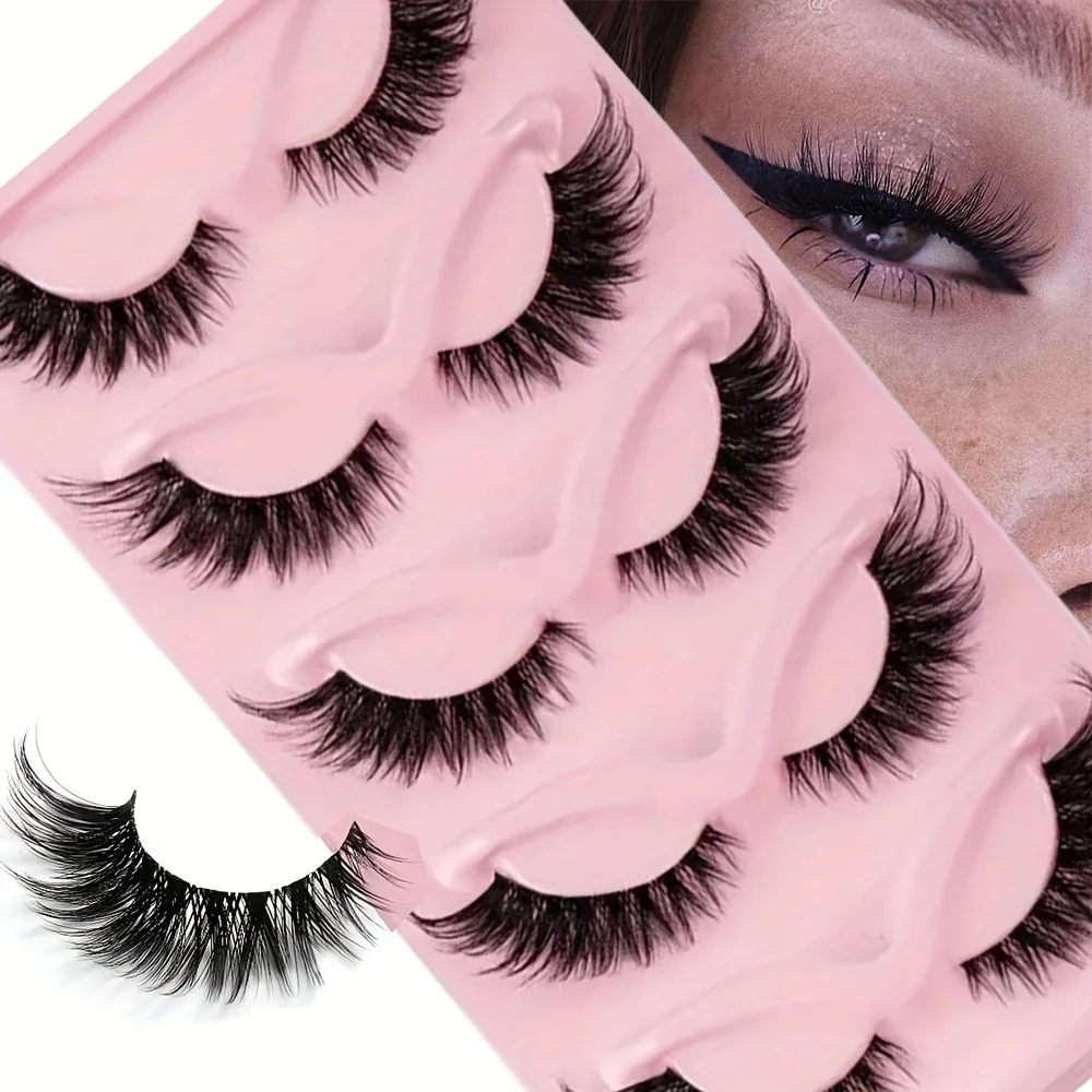 5 Pairs False Eyelashes - Natural Long, Cat Eye Style, Winged Tips, Manga Lashes for Eye Elongation,