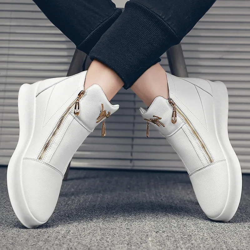 Wedding Photography White Leather Boots Double Zipper Men's Boots Personalized Metal Men Shoes Fashion Sports Leisure Board Shoe