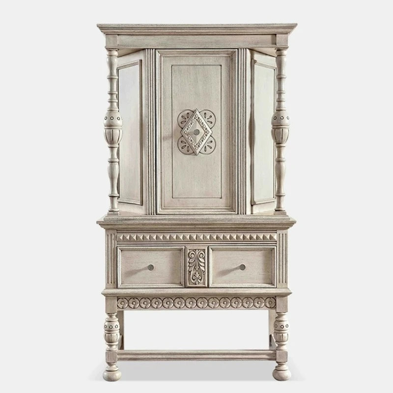 

LMM solid wood carving flower retro white old wall cabinet modern entrance cabinet