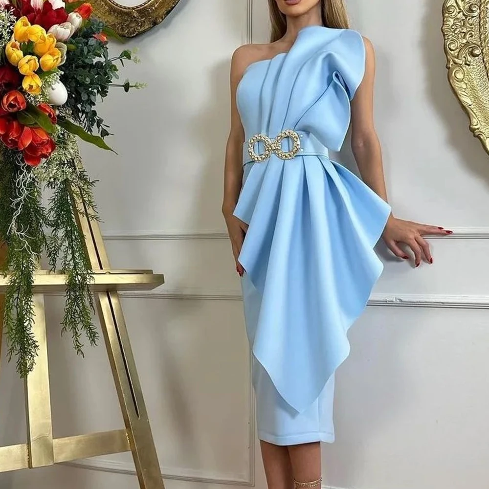 

Classic Blue Jersey Strapless Sashes Tea Length Evening Dress Formal Straight Sleeveless Pleats Custom Size Vestido De Festa