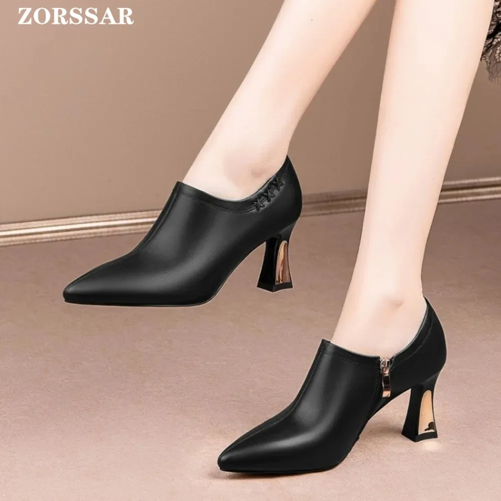 Genuine Leather Women's High Heels Pointy Toe Shoes Candy-colored Single Professional Chunky Platform Heels Plus Size 33- 43