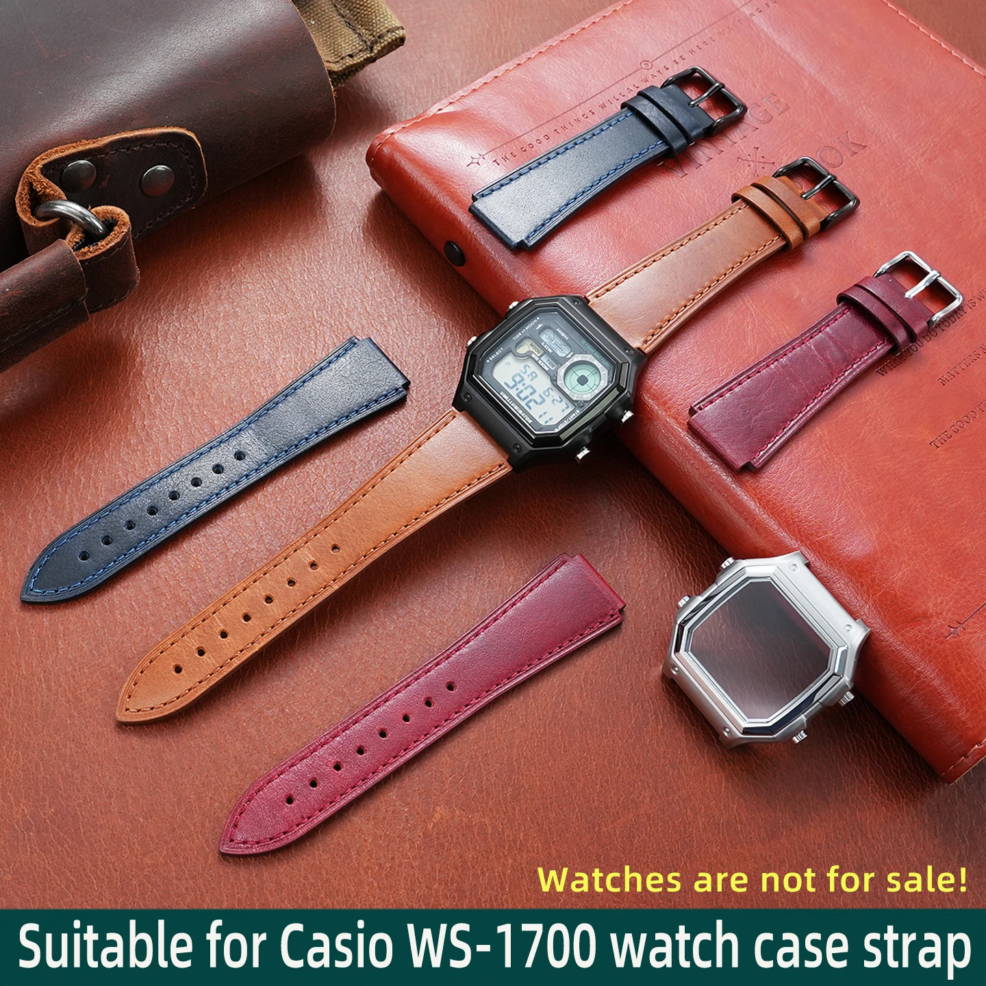 

WS1700 men's watch accessory, suitable for Casio WS-1700 stainless steel case, WS-1700 cowhide watch strap 18mm