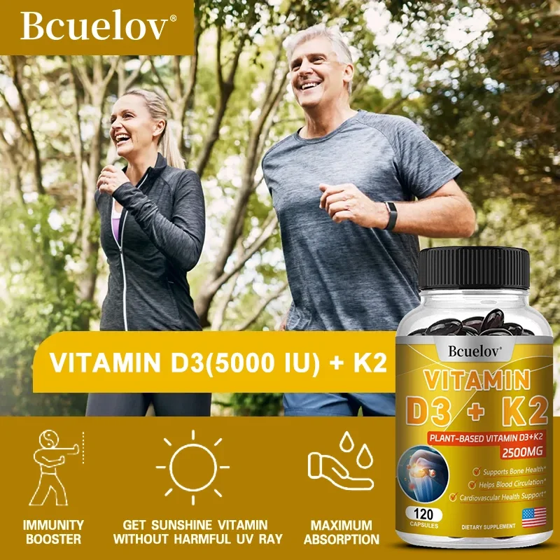 Bcuelov วิตามิน D3 K2 Softgels, 2-1 Complex, Vitamin D3 5000 IU และวิตามิน K2 MK7สำหรับหัวใจ, กระดูกและฟันกลืนง่าย