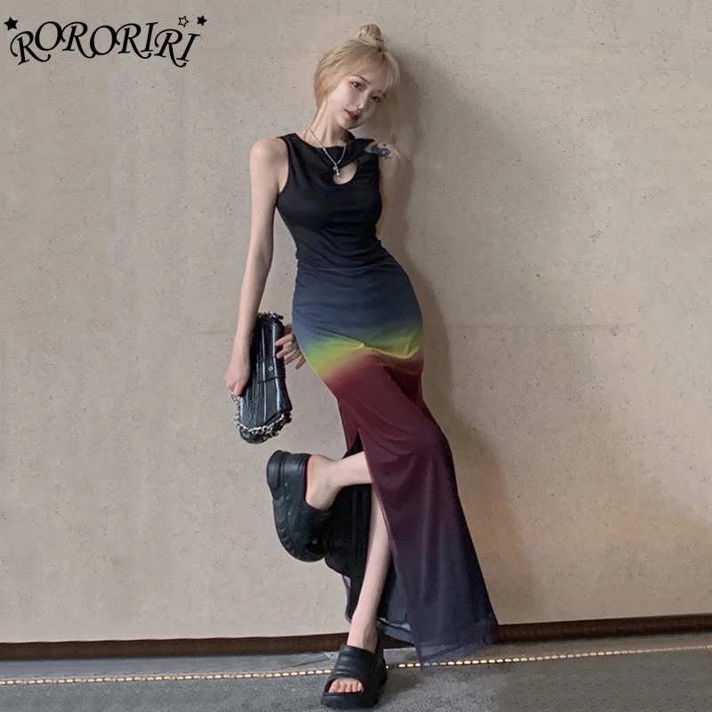 RORORIRI Ombre Sunset Sleeveless Maxi Long Dress Women Gradient Oil Painting Aesthetic Cut out Split One-piece Grayu Y2k Clothes