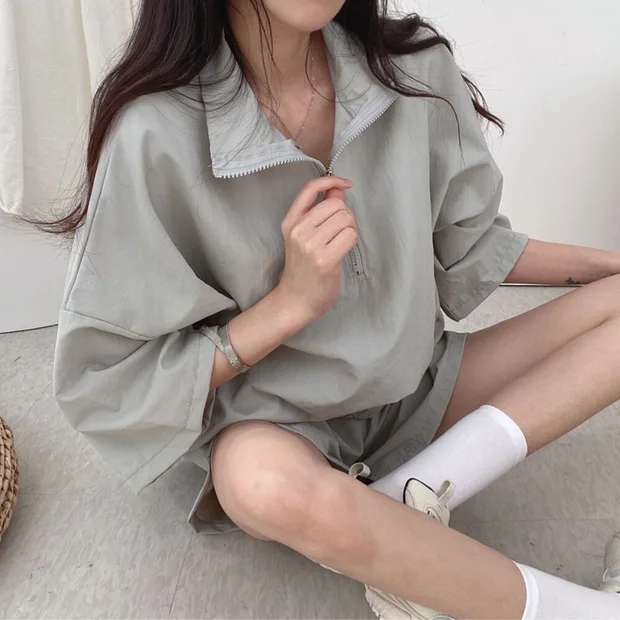 Female Elastic Waist Solid Color Short Sets Women Short Suits 2024 Summer Casual Short Sleeve Turn-down Collar Zipper Suits