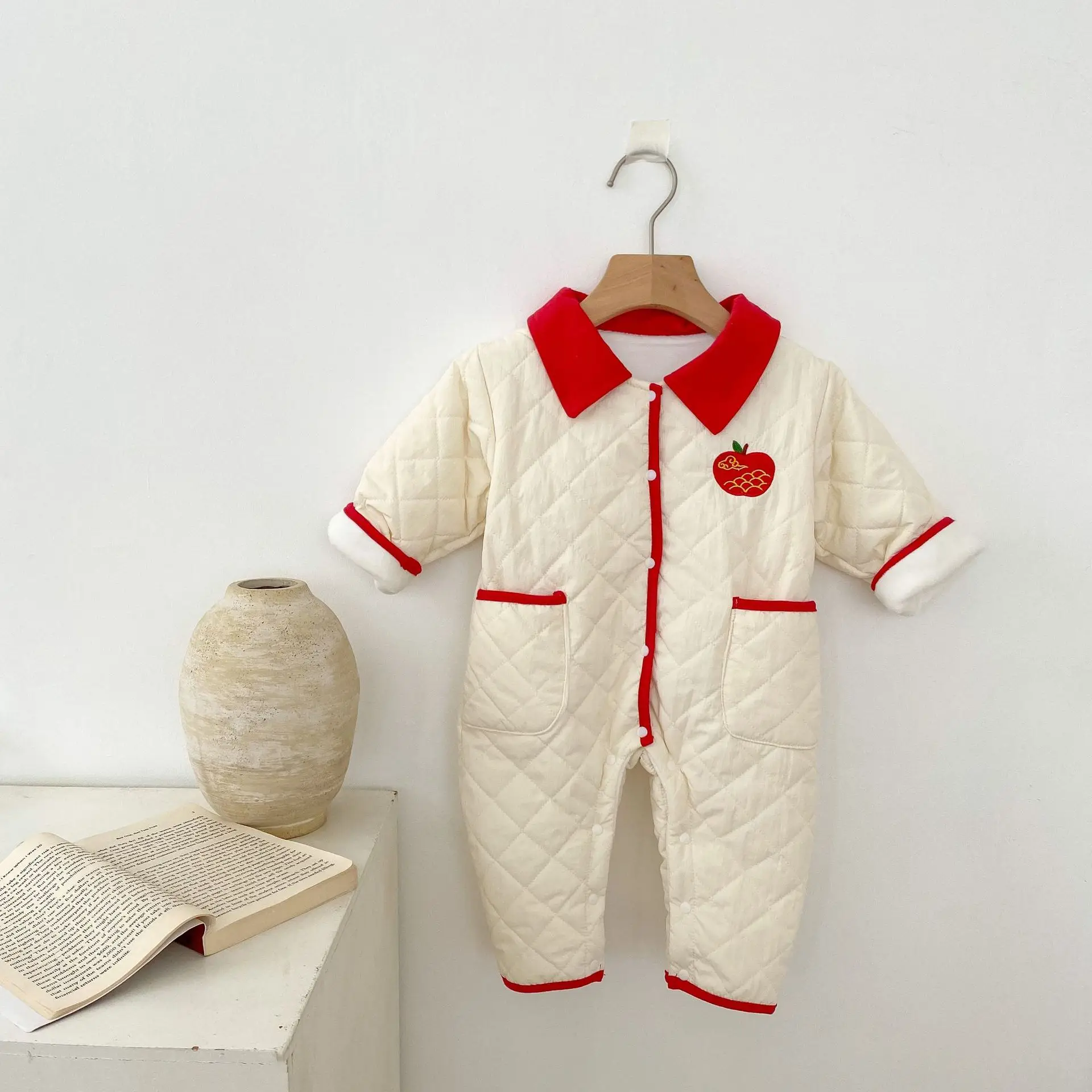 2022 winter infant clothing plush thickened apple embroidered cotton padded clothes baby warm jumpsuit