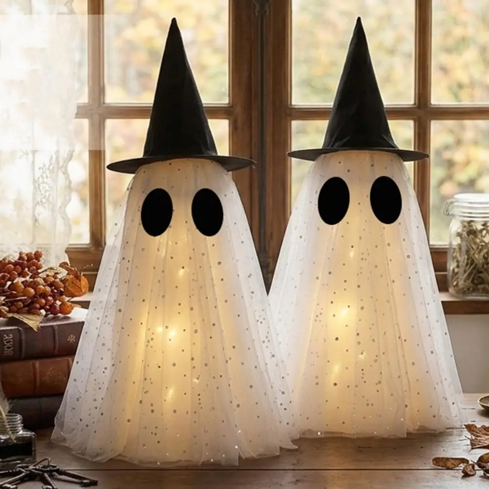 Halloween Party Table Centerpieces Halloween Ghost Decor Set Spooky Sequin Mesh Fabric Ghosts with Witch Hats Small Standing