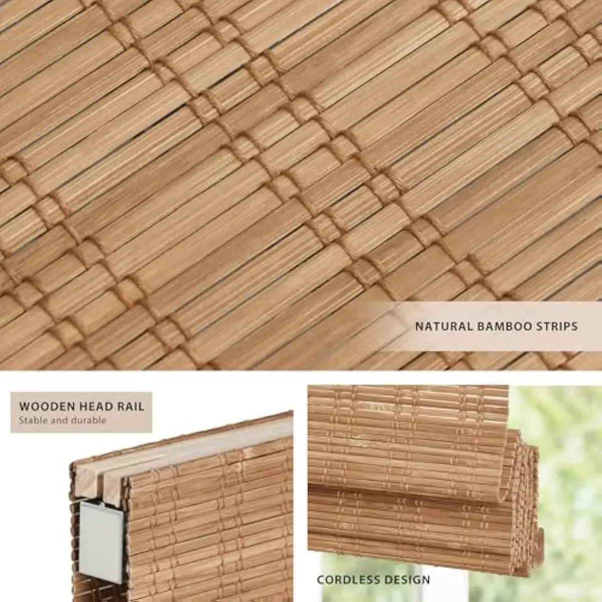 No Drill Bamboo Roman Shade, 40 Inch Width x 48 Inch Height, Light Filtering Natural Weave, Inside Mount Ready, Cordless Operati
