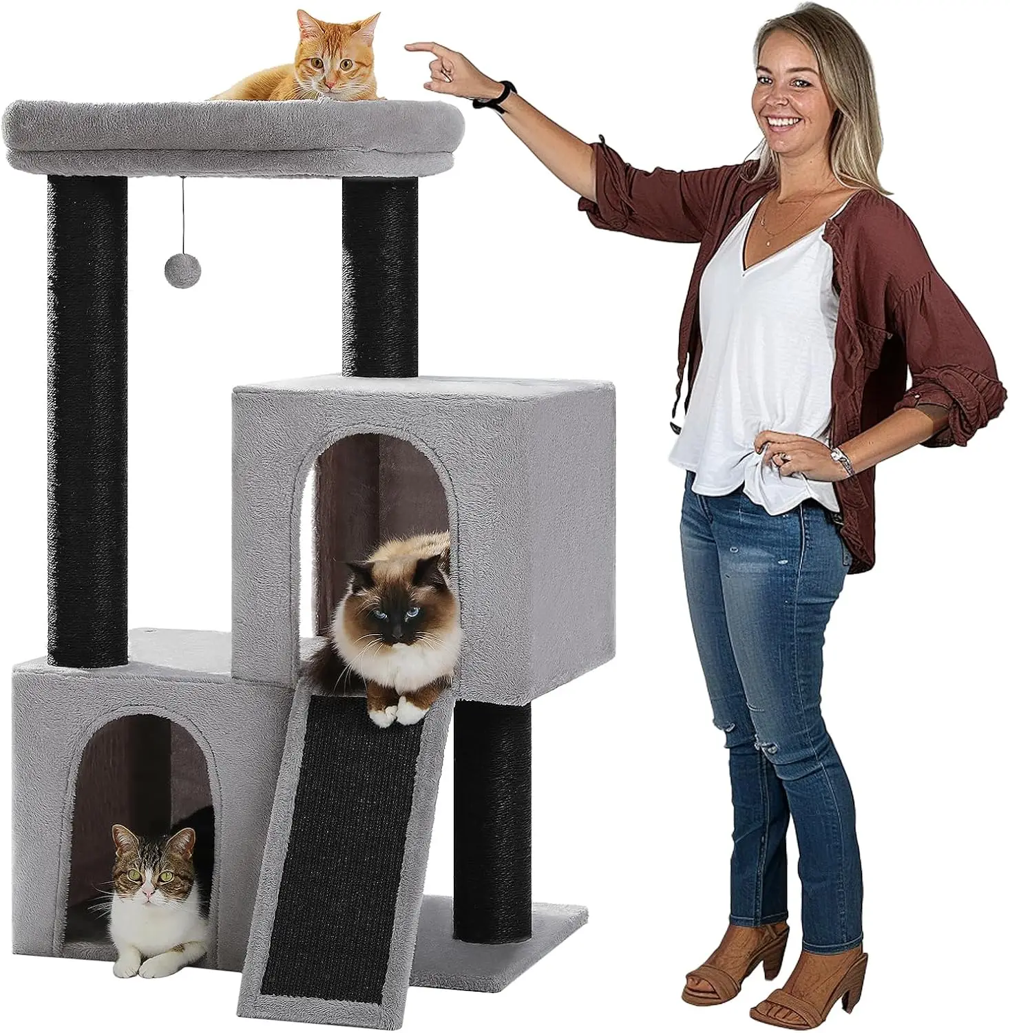

Cat Tree for Indoor Cats Adult, 45-Inch Heavy Duty Cat Tower with Sisal Scratching Ramp, 2 Cat Condo for Extra Large Cats, Gray