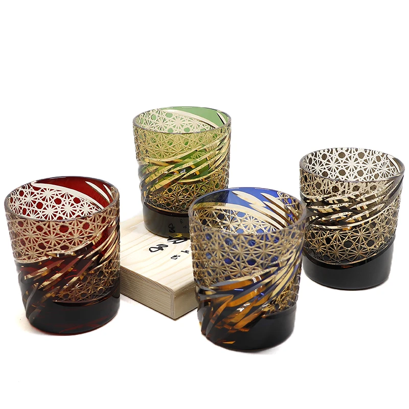 Handmade Japanese Style Edo Kiriko Whiskey Glass Tumbler Colored Hand Cut To Clear Glasses Color Tinted Old Fashioned Glasses