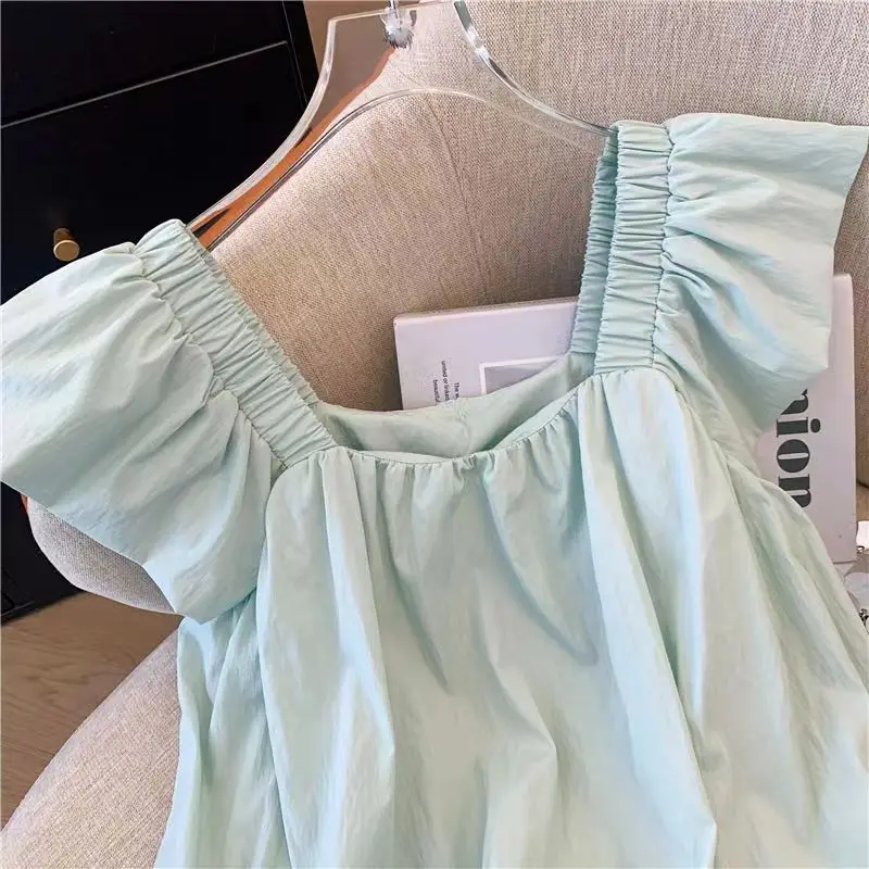 Green square collar flying sleeve shirt female 2024 summer Korean version of the niche short-sleeved shirt short loose top