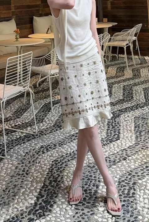 Summer New Heavy Industry Inlaid Bead Tube Skirt French Light Luxury Spice Girl Temperament Versatile Medium and Long Skirt