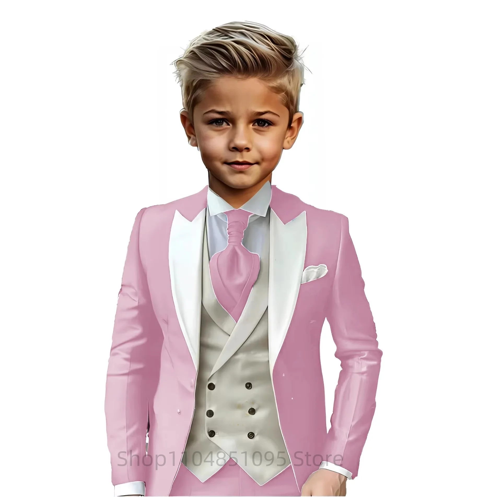 

Pink Suit for Kids Boys Wedding Formal Outfit Set Children Gentleman Ring Bearer Clothings Perform Tuxedo Blazer+Vest+Pants 3PCS