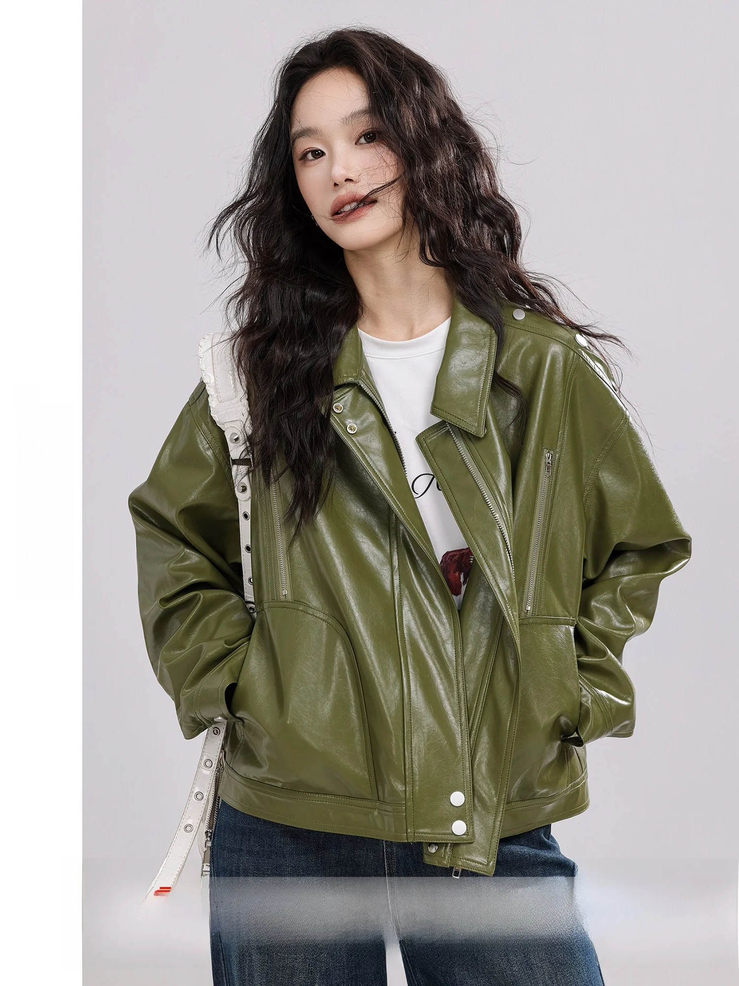 แจ็คเก็ตหนัง PU ลายไม้พุทรา แฟชั่นผู้หญิง ดีไซน์ใหม่สำหรับฤดูใบไม้ร่วง สไตล์ลำลอง แขนยาว มีซิป