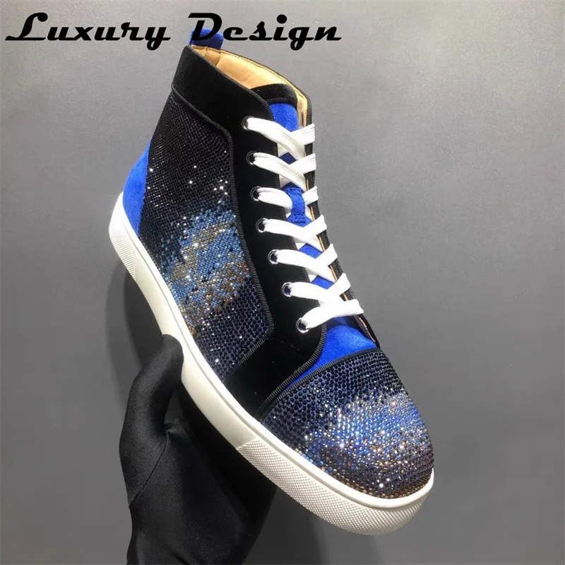 Luxury Red Bottom Shoes Accessories Shoes High Top Full Diamond Men\'s Shoes Black Suede Rhinestone Couple Models Rivet High-top