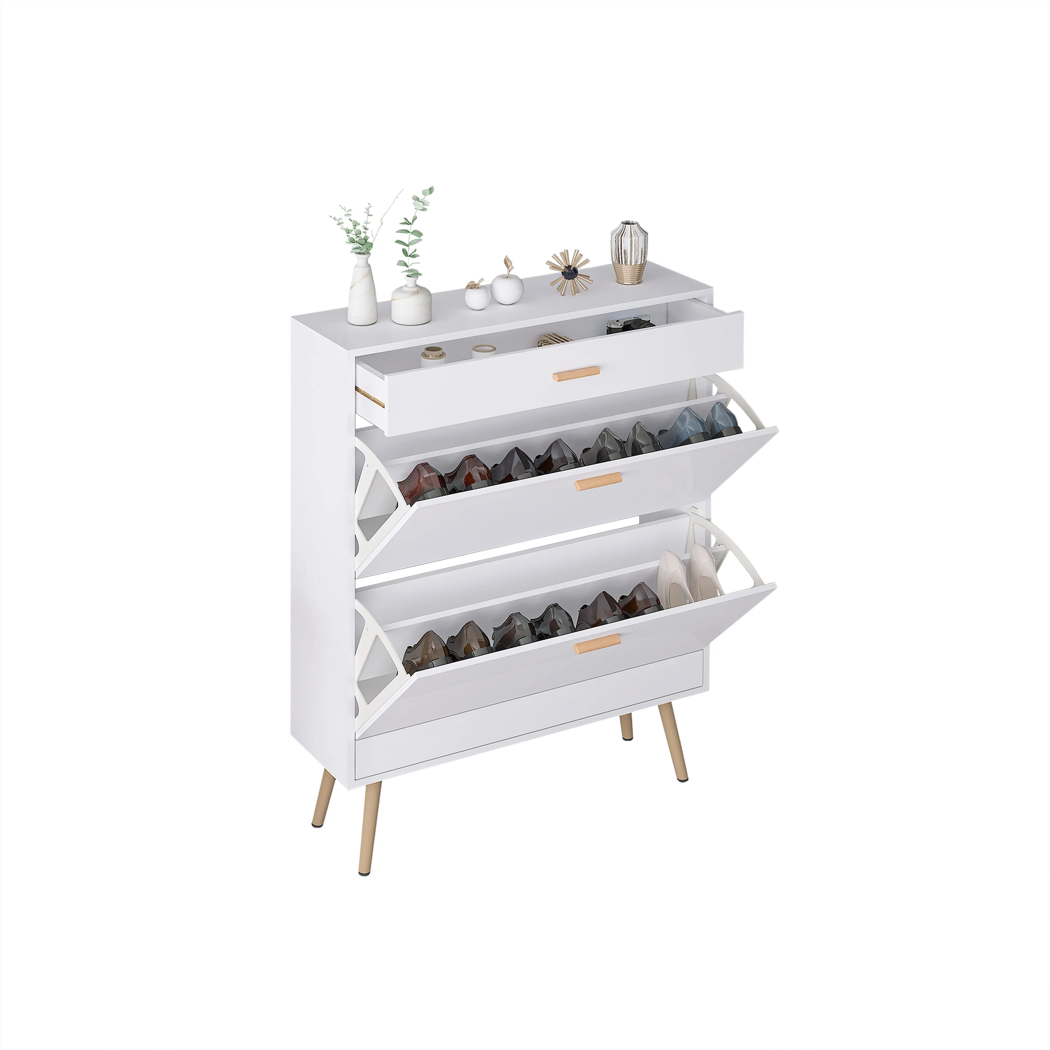 

White 2 Flip Drawers Shoe Cabinet 16 Pairs Capacity Entryway Storage Organizer