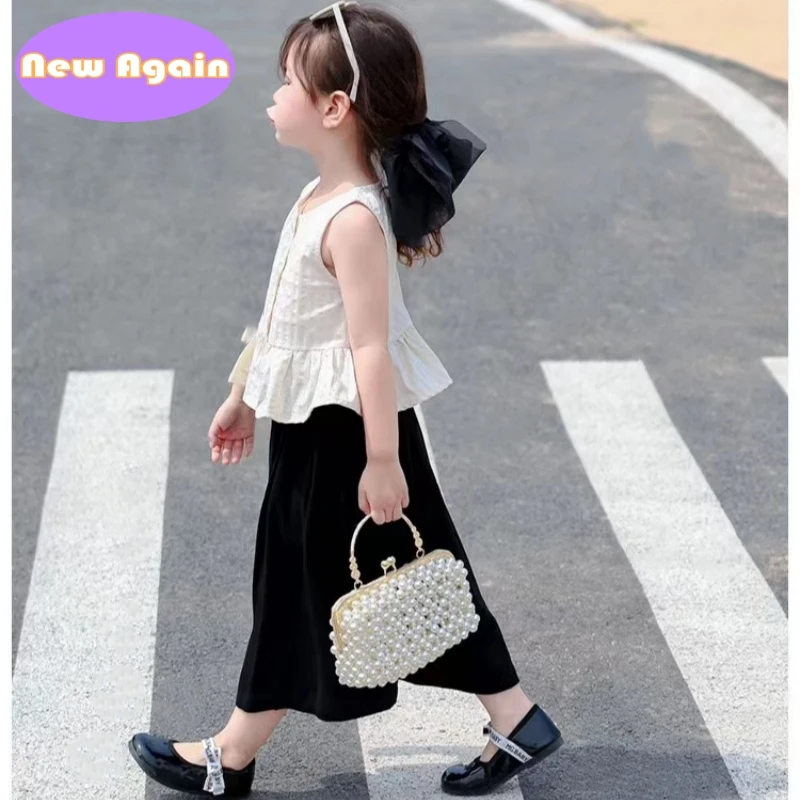 Girls handmoven beaded pearl handbags Children's Chic chain totes Kids princess crossbody bags Teenagers Shoulder Bags NA013