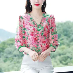 Summer Office Lady Printing V-neck 3/4 Sleeve Blouse Ladies Temperament Buttons Loose Chiffon Pullover Women Shirts Fashion Tops