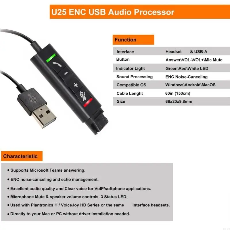 E1YB Headset Quick Disconnect Connector to USB Adapter with Volume Adjuster Mute for Speaker Volume Control 3 LED Indicators