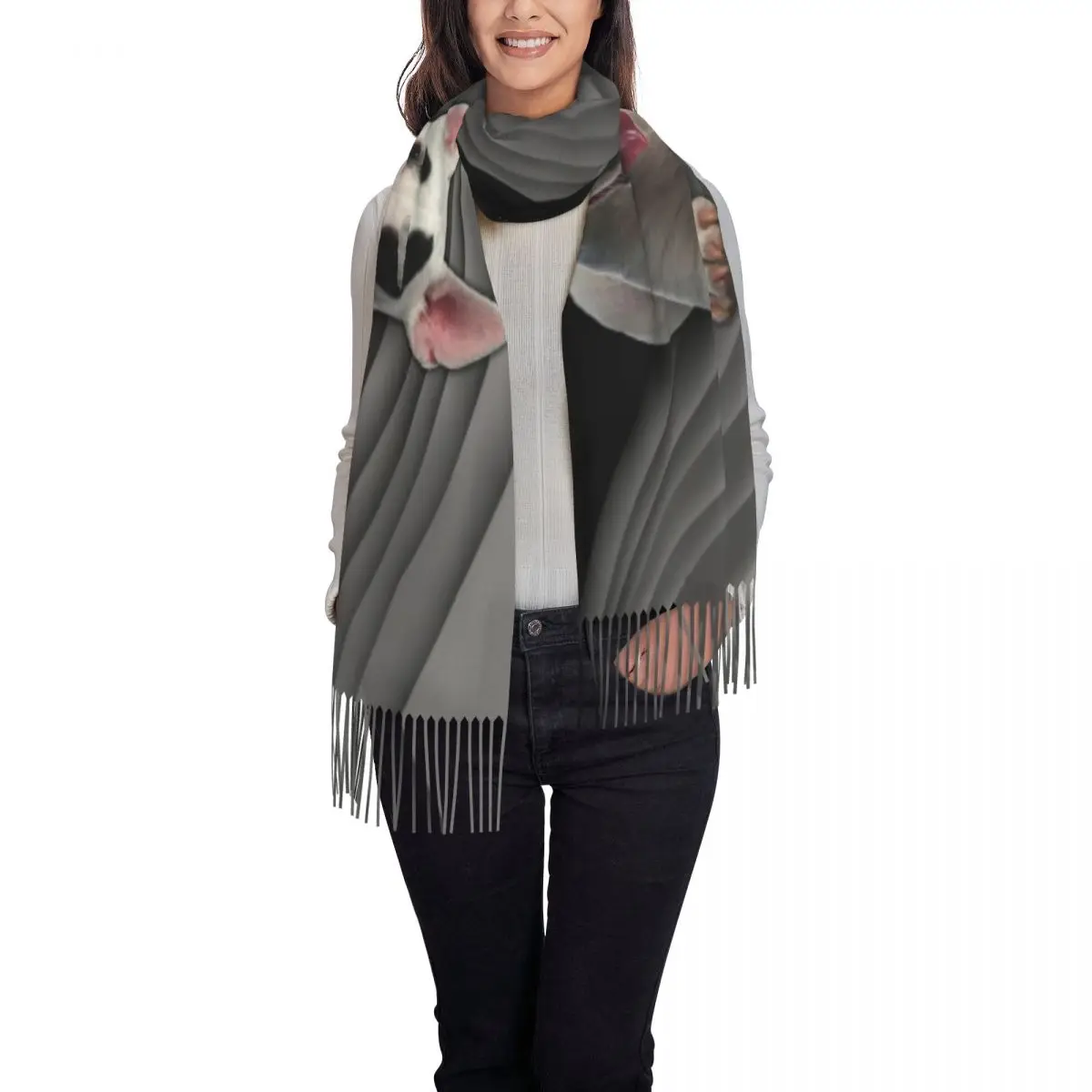 Lady Long Fashion Bull Terrier Scarves Women Winter Thick Warm Tassel Shawl Wrap Dog Animal Scarf image 2
