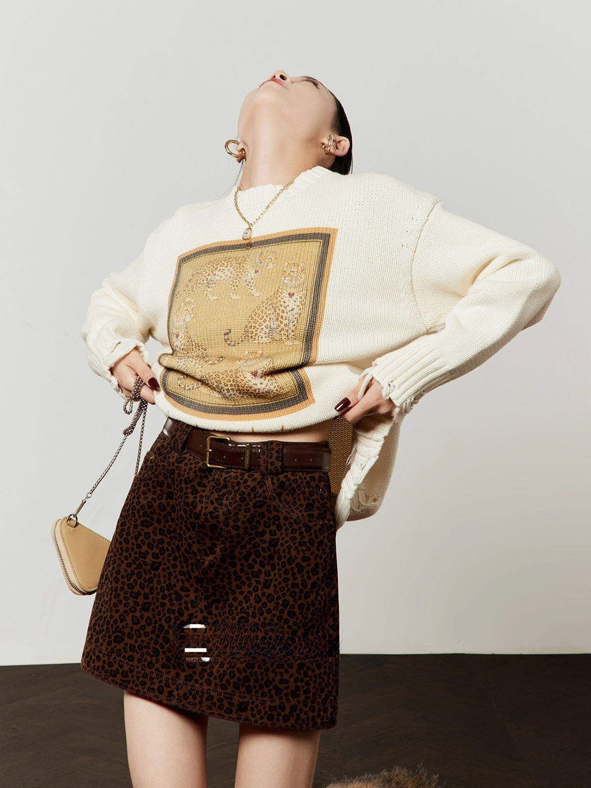

White Casual round Ne Sweater Women's Loose Fit Spring 2026 New Sle Frame Four Leopards Knitted Long Sve Top