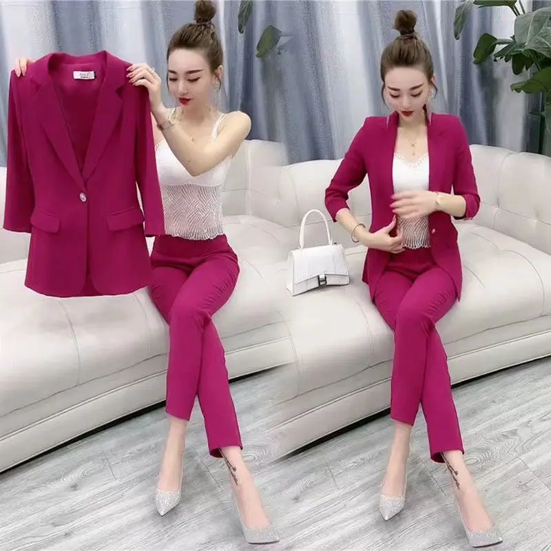 Korean Style Candy Color Elegant Women\'s Pants Suit Unlined Thin Jacket Pencil Pants Two Piece Office Casual Outfits