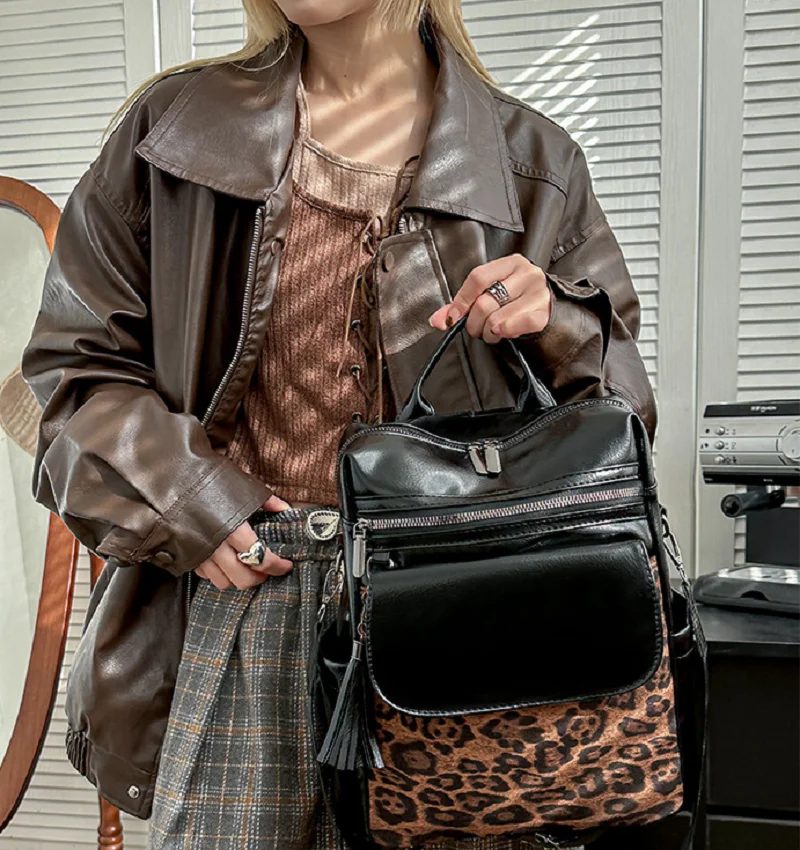 2025 Fashion Leopard Vintage Leather Travel Backpacks Women's Large Capacity Shoulder Bags Totes School Bag Crossbody Backpack