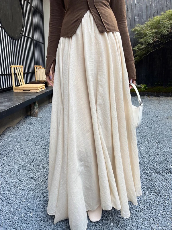 High Waist A-Line Midi Skirt Women's Spring Autumn Winter New Small Size Cotton Linen Full Skirt Korean Style Commute Dress