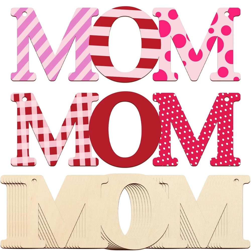 

10PCS Wooden MOM Letter Cutout Ornaments DIY Blank Unfinished Wood Discs Mother's Gifts Ornament for Crafts Hanging Decorations