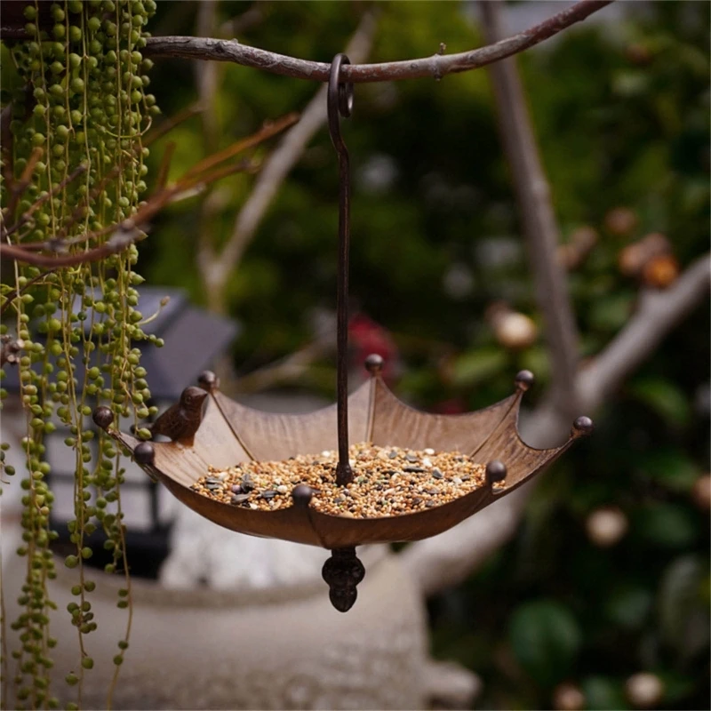 Hanging Metal Umbrella Bird Bath Feeder for Garden Balcony Patio Outdoor Decors Ornate Iron Bird Feeding Station